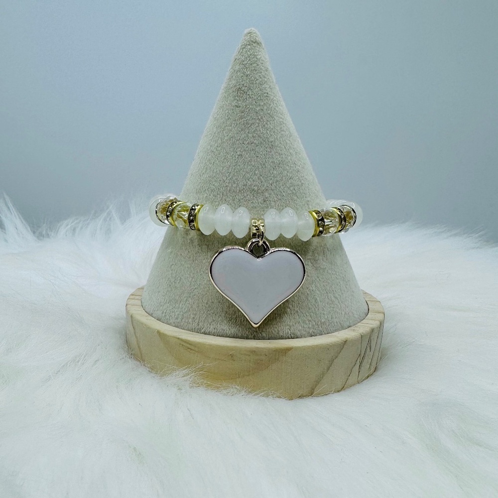 White Beaded Bracelet Heart Pendant Bracelet